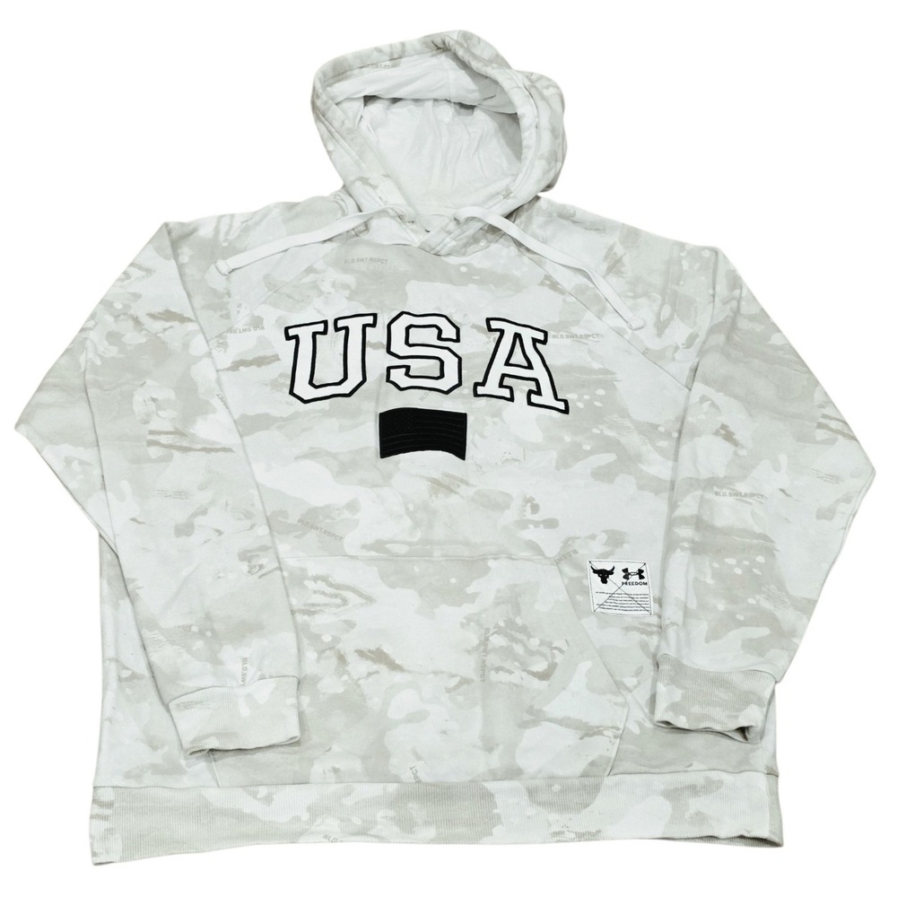 Under Armour Project Rock Freedom USA Hoodie Men's XL White Camo Brahma Bull